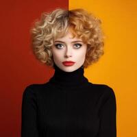 Stunning portrait of a model with curly hair against bold color backdrop photo
