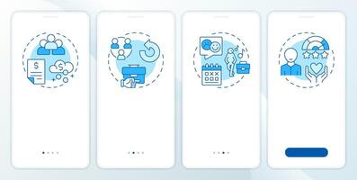 Performance and engagement blue onboarding mobile app screen. HR work. Walkthrough 4 steps editable graphic instructions with linear concepts. UI, UX, GUI vector