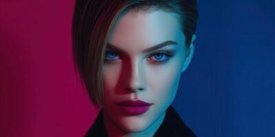 A confident model stands in front of a bright colored backdrop photo