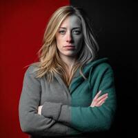 Woman in a striking dual-color outfit against a contrasting background photo