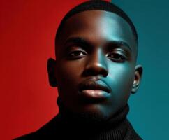 Young man with confident expression against contrasting colored background photo