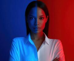 Woman with contrasting lighting in blue and red colors in a studio setting photo