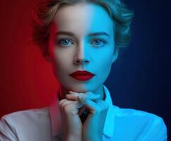 Portrait of a woman with striking blue and red lighting in a studio setting photo