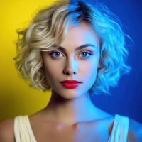 Model with curly hair poses against colorful background in studio setting photo