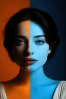 Artistic portrait showcasing contrasting halves of a woman's face in vibrant colors photo