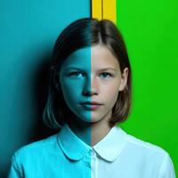 Portrait of a young girl with contrasting vibrant background colors photo