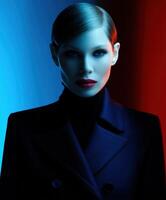 Sophisticated model poses in striking blue and red lighting for fashion shoot photo