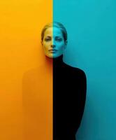 Creative portrait with contrasting colors showcasing a serene expression photo