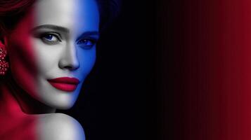 Elegant portrait of a woman with striking makeup and dramatic lighting photo