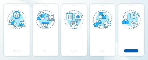 Workforce forecasting blue onboarding mobile app screen. HR strategy. Walkthrough 5 steps editable graphic instructions with linear concepts. UI, UX, GUI vector