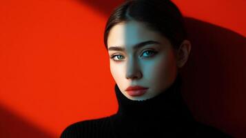 Portrait of a young woman with striking features against a vibrant background photo