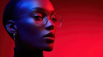 Stylish portrait of a woman in glasses lit by vibrant red and blue lights photo