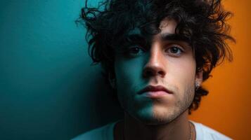 Young man with curly hair in vibrant lighting contrasts during a portrait session photo