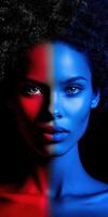 Creative portrait featuring symmetrical color contrast on a woman's face photo