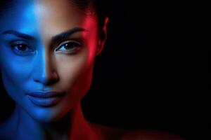 Captivating portrait of a woman with dramatic lighting in contrasting colors photo
