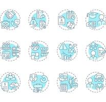 HR analytics soft blue concept icons. Workforces data research. Corporate employees hiring. Business strategy. Icon pack. Round shape illustrations for booklet. Abstract idea vector