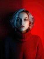 Young woman in a turtleneck sweater against a colorful background photo