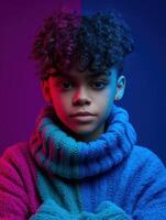 Captivating portrait of a child with colorful lighting in a cozy sweater photo