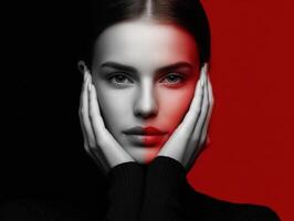 Striking black and white portrait with bold red backdrop of a young woman photo