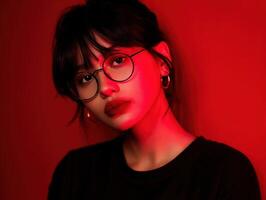 Portrait of a young woman with stylish glasses against a vibrant red background photo