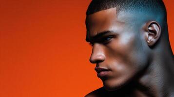 Portrait of a young man with a striking profile against an orange background photo