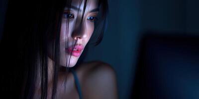 Woman focused on screen in dim lighting during nighttime photo