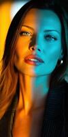 Woman's portrait illuminated by contrasting blue and orange lights in a studio photo
