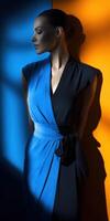 Elegant model in a striking blue and black dress against vibrant background photo