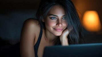 Smiling woman using laptop at night with warm light ambiance surrounding her photo