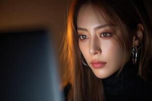 Woman focused on computer screen during late night work session photo
