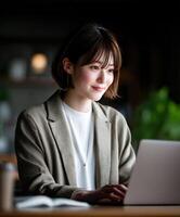 Young woman working on laptop in cozy workspace during afternoon photo