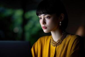 Woman in elegant attire working intently at a laptop in low light photo