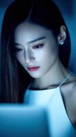 Woman with long hair focused on a computer screen in low light setting photo