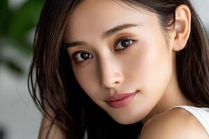 Young woman with beautiful features poses for a close-up portrait indoors photo