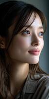 Portrait of a smiling young woman with soft features and expressive eyes photo