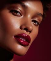Close-up of a model showcasing bold makeup with rich lip color in a studio photo
