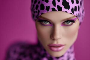 Bold fashion look with vibrant colors and striking makeup on model photo