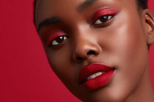 Stunning close-up of a model with bold red makeup against a solid background photo