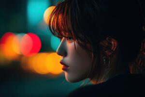 City lights illuminate a woman's profile in a vibrant urban setting at night photo