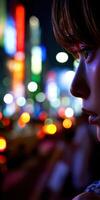 Woman gazes thoughtfully at vibrant city lights at night in urban setting photo