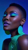 Brightly styled model showcases bold makeup and glowing accessories in studio photo