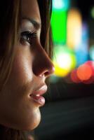 Woman gazing thoughtfully at brightly lit cityscape during nighttime photo