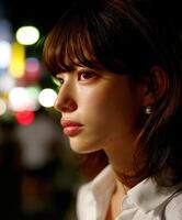 Profile of a woman in a bustling city at night with colorful lights photo
