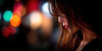 Woman in profile near colorful lights during nighttime photo