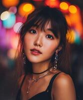 Young woman adorned with earrings poses in vibrant night lights photo