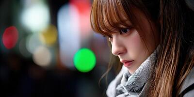 Young woman gazes thoughtfully during evening in vibrant city setting photo