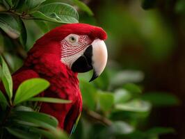 Vibrant red parrot perched among lush green leaves in a tropical setting photo