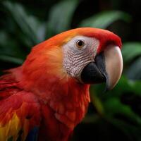 Colorful parrot perched among lush green foliage in a vibrant rainforest setting photo