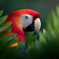 Colorful macaw perched among lush green leaves in a vibrant rainforest setting photo