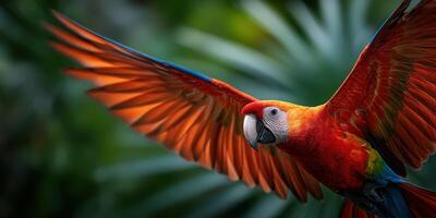 Vibrant scarlet macaw soaring through lush tropical foliage photo